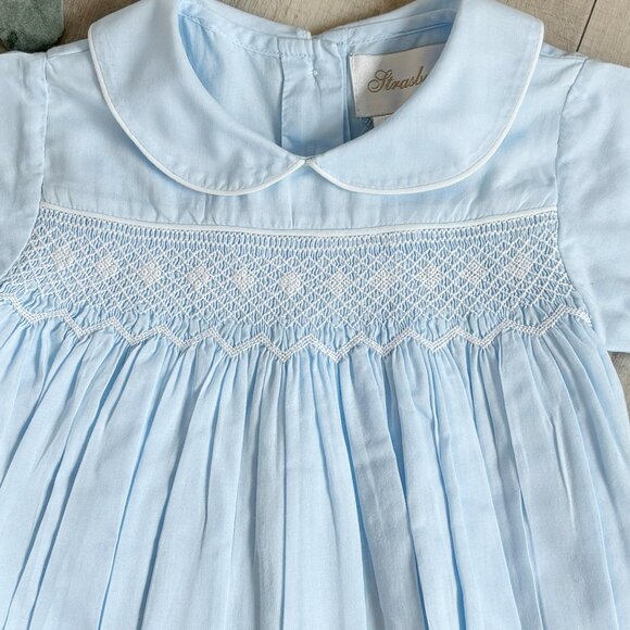 RARE Strasburg Blue Smocked Heirloom Romper Boys 100% Cotton Newborn NWT - Picture 2 of 3